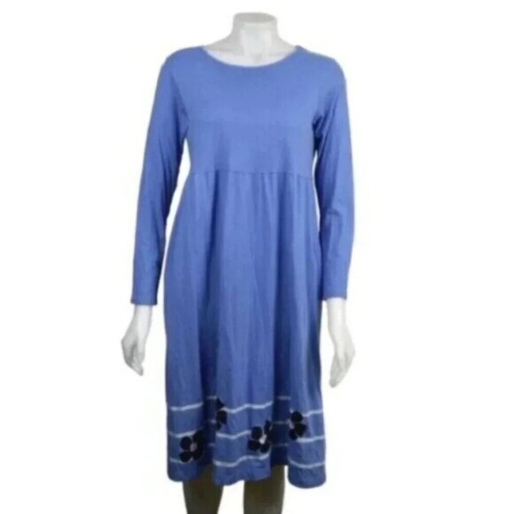 Lands End  Long Sleeve Midi Dress Floral Embroidered Blue Size 14